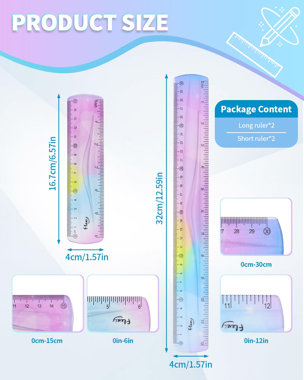 4 Pack Flexible Ruler Set, 12 Inch & 6 Inch Bendable Rulers for Kids, Soft Plastic Rulers with Dual-Sided cm/inch Scale, Gradient Color Flex Ruler for School, Home, Office