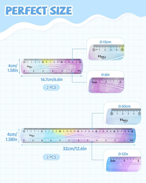 12 Inch & 6 Inch Flexible Ruler, Bendable Plastic Ruler, Soft Bendable Gradient Color Rulers with Centimeters and Inches for Student School Classroom Office Supplies (4 PCS)