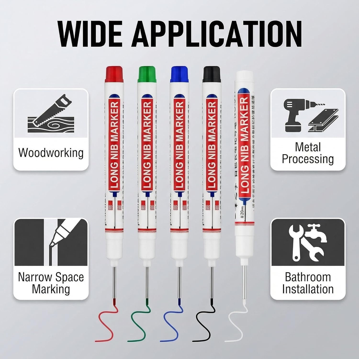 5 long head marker pens, 20mm long pen tip, deep hole marker pen, waterproof, metal marker pen, suitable for drilling, woodworking, bricklaying, ceramic tiles, glass, and construction marker pens