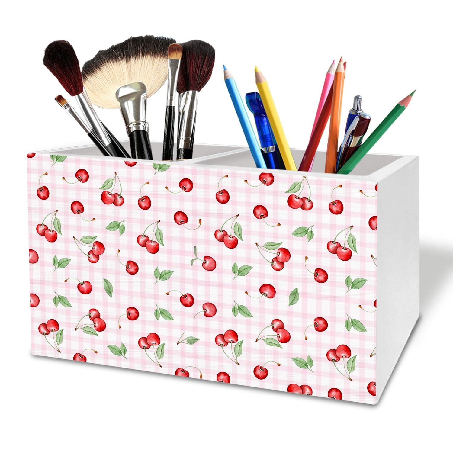 Black and White Checkered Cherry Pen Holder for Desk, Cherry Themed Gifts Wooden Box Sign Desk Decor for Home Office Decoration, Retro Plaid Summer Fruit Pencil Organizer