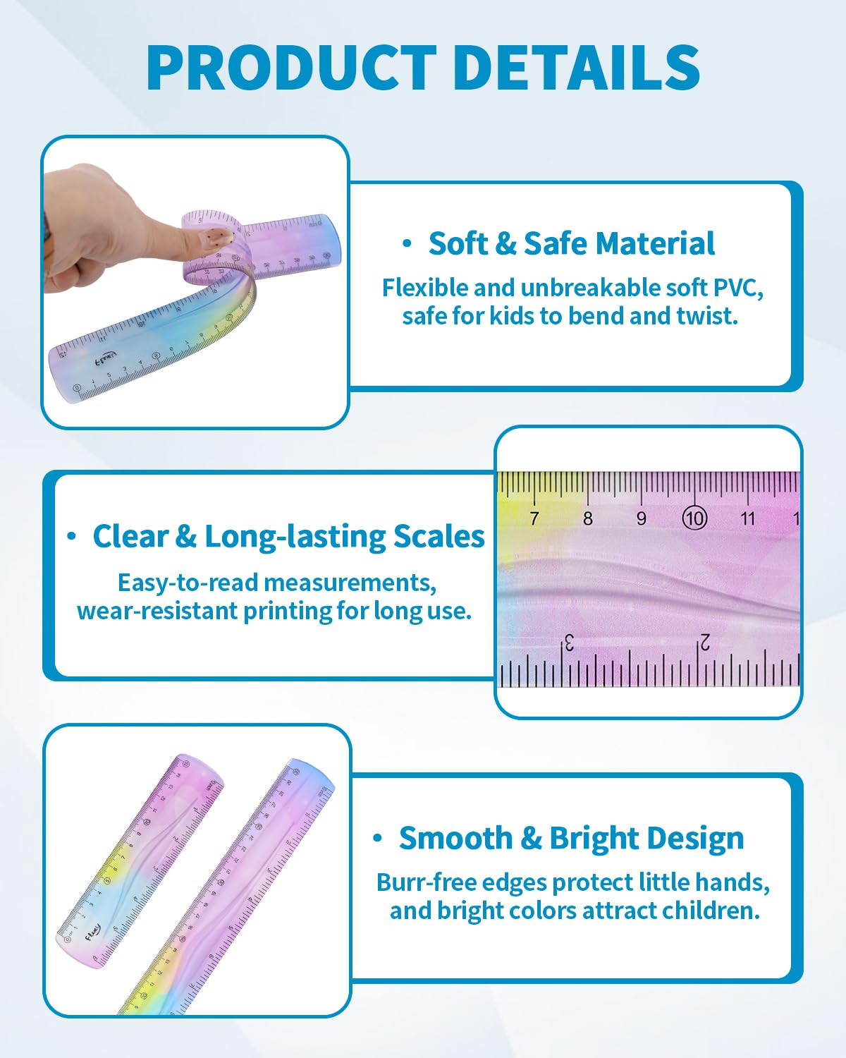 4 Pack Flexible Ruler Set, 12 Inch & 6 Inch Bendable Rulers for Kids, Soft Plastic Rulers with Dual-Sided cm/inch Scale, Gradient Color Flex Ruler for School, Home, Office