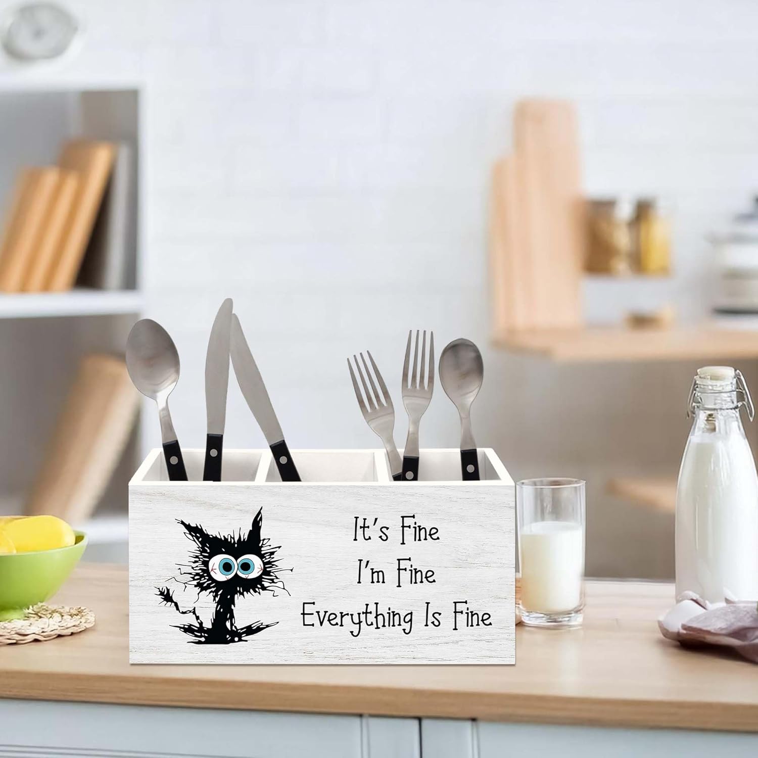 Funny Black Cat Pen Holder for Desk, Funny Office Pencil Organizer, FunnyGifts for Coworkers I'm Fine Everything is Fine Black Cat Wooden Pen Holder Desk Accessories Decor for Home Office