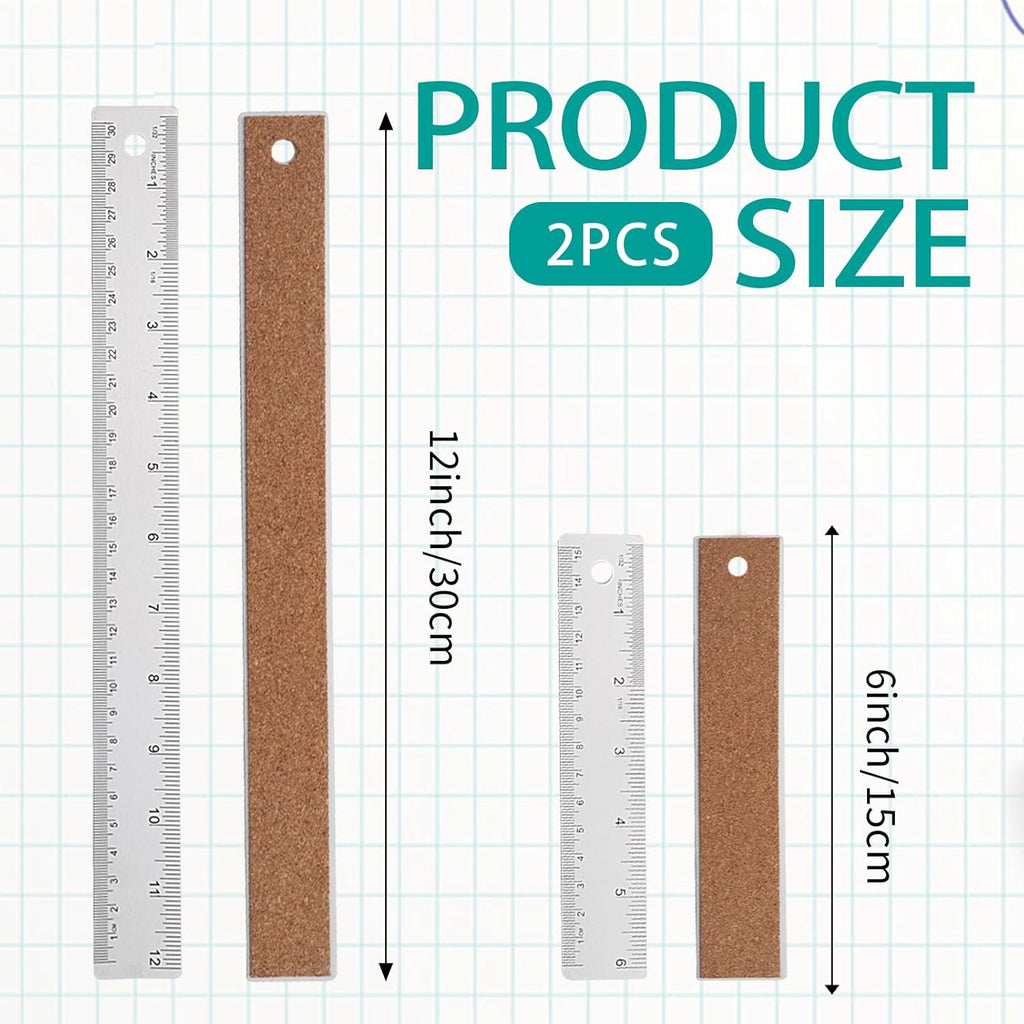 Metal Ruler 6 Inch 12 Inch Stainless Steel Ruler with Cork Backing, Non-Slip with Inch and Centimeters, Straight Edge Rulers for Student School Office Drafting Tools