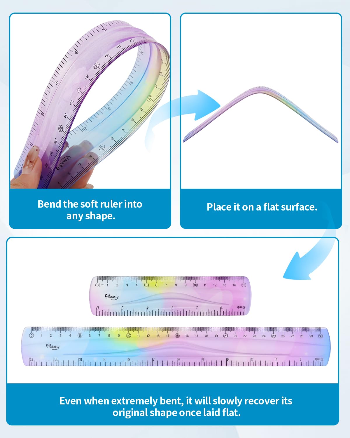 4 Pack Flexible Ruler Set, 12 Inch & 6 Inch Bendable Rulers for Kids, Soft Plastic Rulers with Dual-Sided cm/inch Scale, Gradient Color Flex Ruler for School, Home, Office