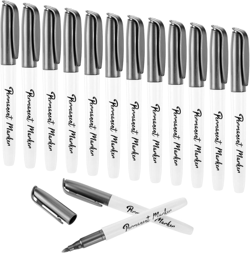 12 Pcs Metallic Permanent Markers, Silver Paint Pen Oil Based Metallic Markers Fine Point Silver Paint Pens for Black Paper Scrapbook Album Gift Card Diy Art Craft Metal Plastic Glass Ceramics
