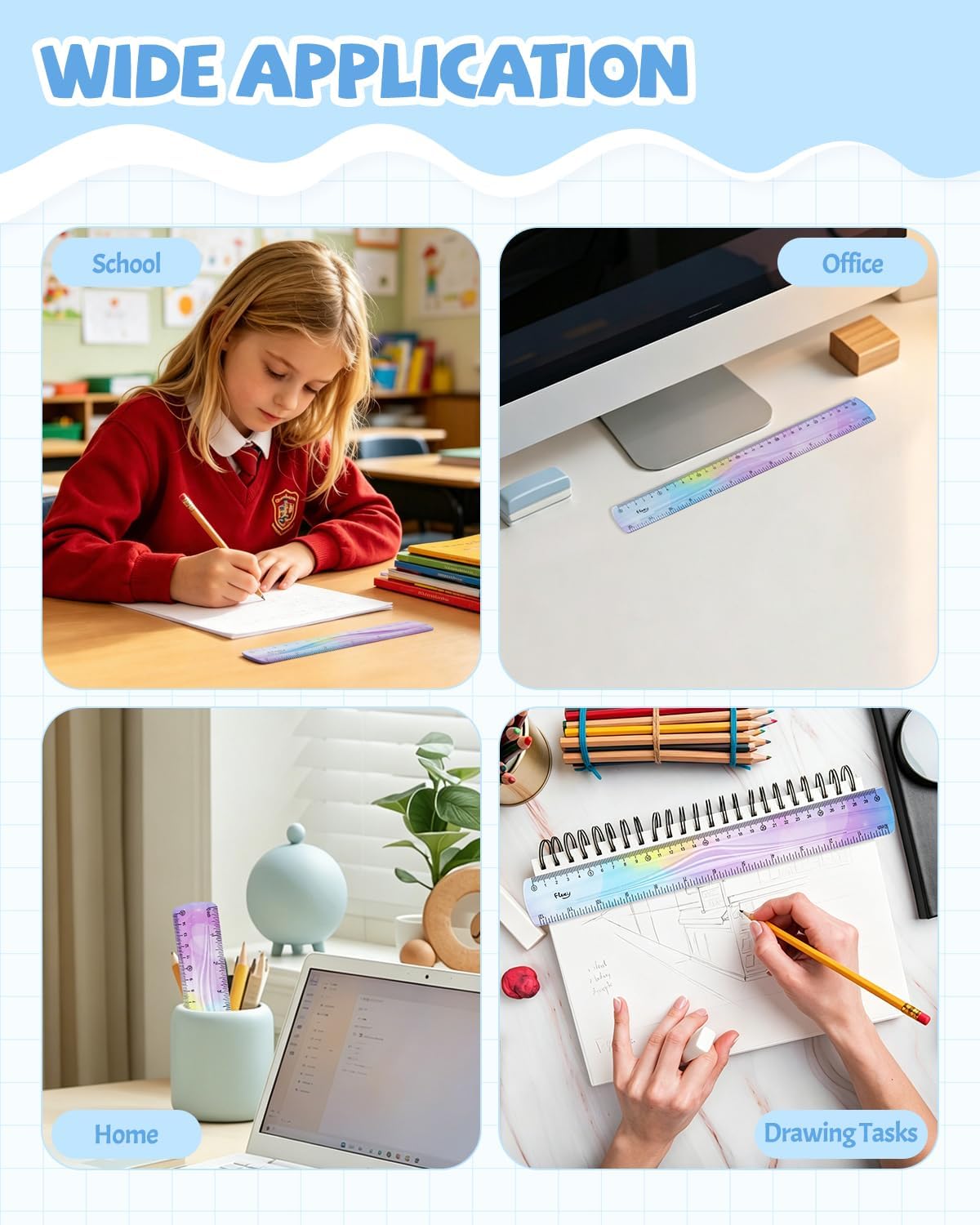 12 Inch & 6 Inch Flexible Ruler, Bendable Plastic Ruler, Soft Bendable Gradient Color Rulers with Centimeters and Inches for Student School Classroom Office Supplies (4 PCS)