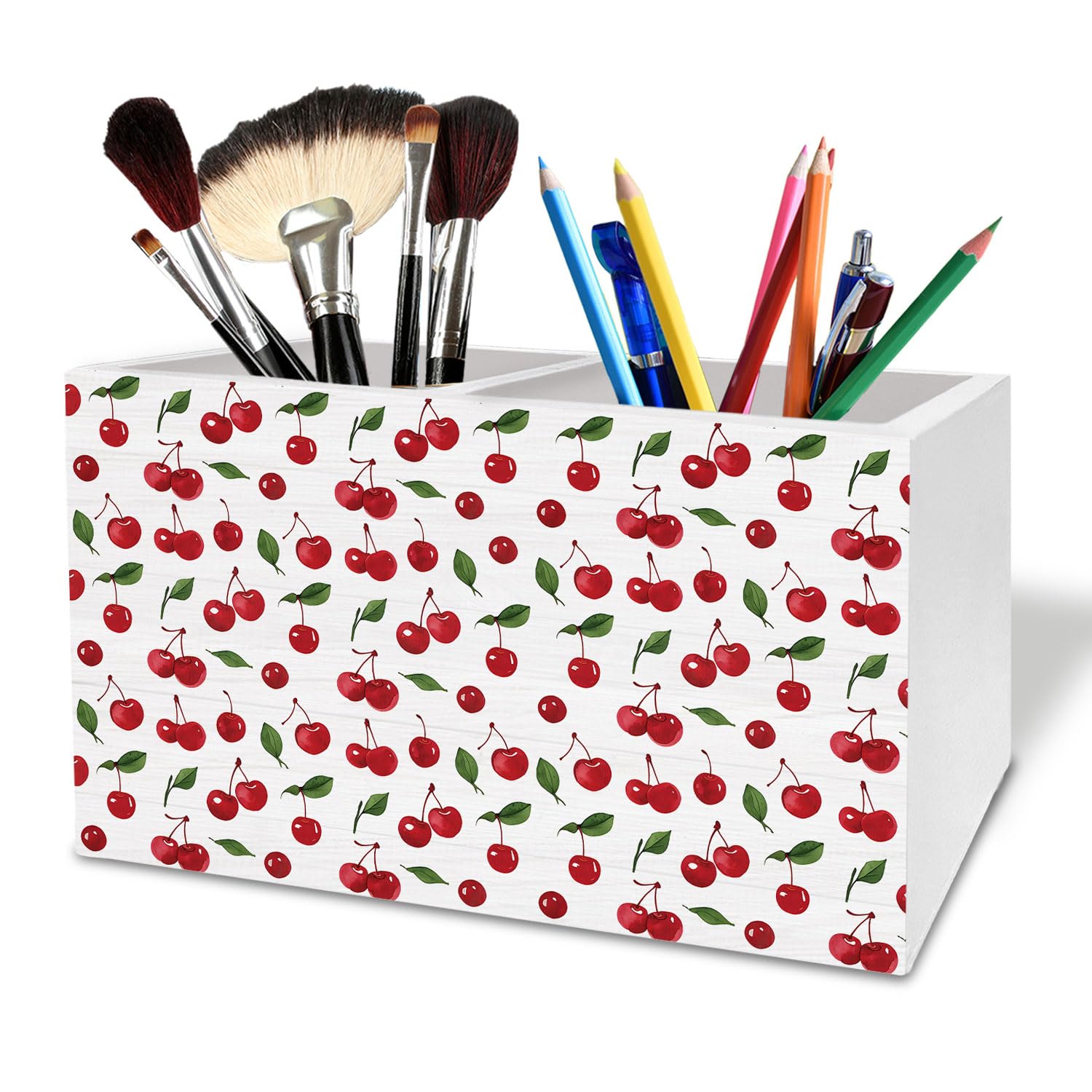 Black and White Checkered Cherry Pen Holder for Desk, Cherry Themed Gifts Wooden Box Sign Desk Decor for Home Office Decoration, Retro Plaid Summer Fruit Pencil Organizer