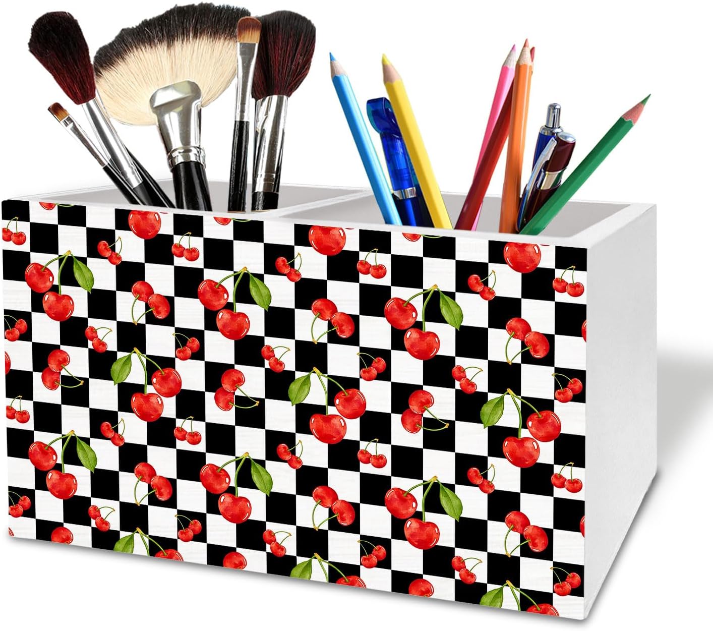 Black and White Checkered Cherry Pen Holder for Desk, Cherry Themed Gifts Wooden Box Sign Desk Decor for Home Office Decoration, Retro Plaid Summer Fruit Pencil Organizer