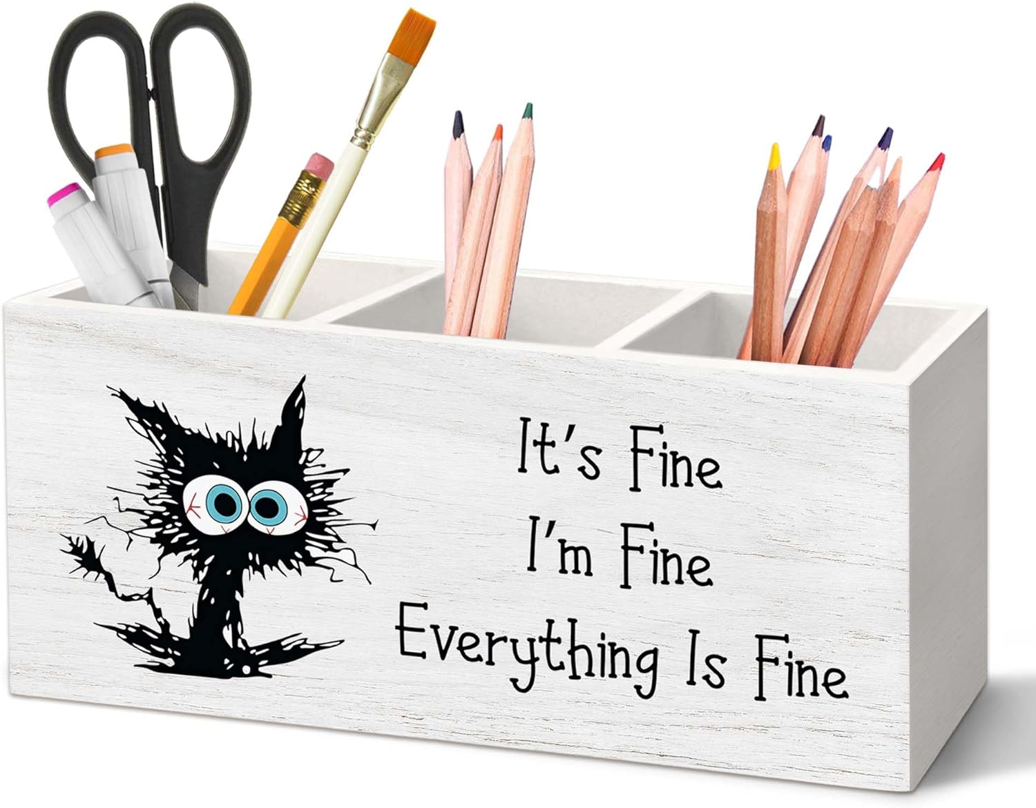 Funny Black Cat Pen Holder for Desk, Funny Office Pencil Organizer, FunnyGifts for Coworkers I'm Fine Everything is Fine Black Cat Wooden Pen Holder Desk Accessories Decor for Home Office
