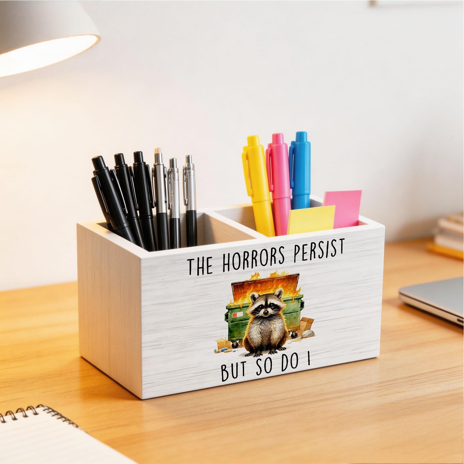 Funny Raccoon Dumpster Fire Pen Holder for Desk, Gifts for Raccoon Lovers Wooden Box Sign Desk Decor for Home Office Decoration, the Horrors Persist But So Do I Pencil Organizer