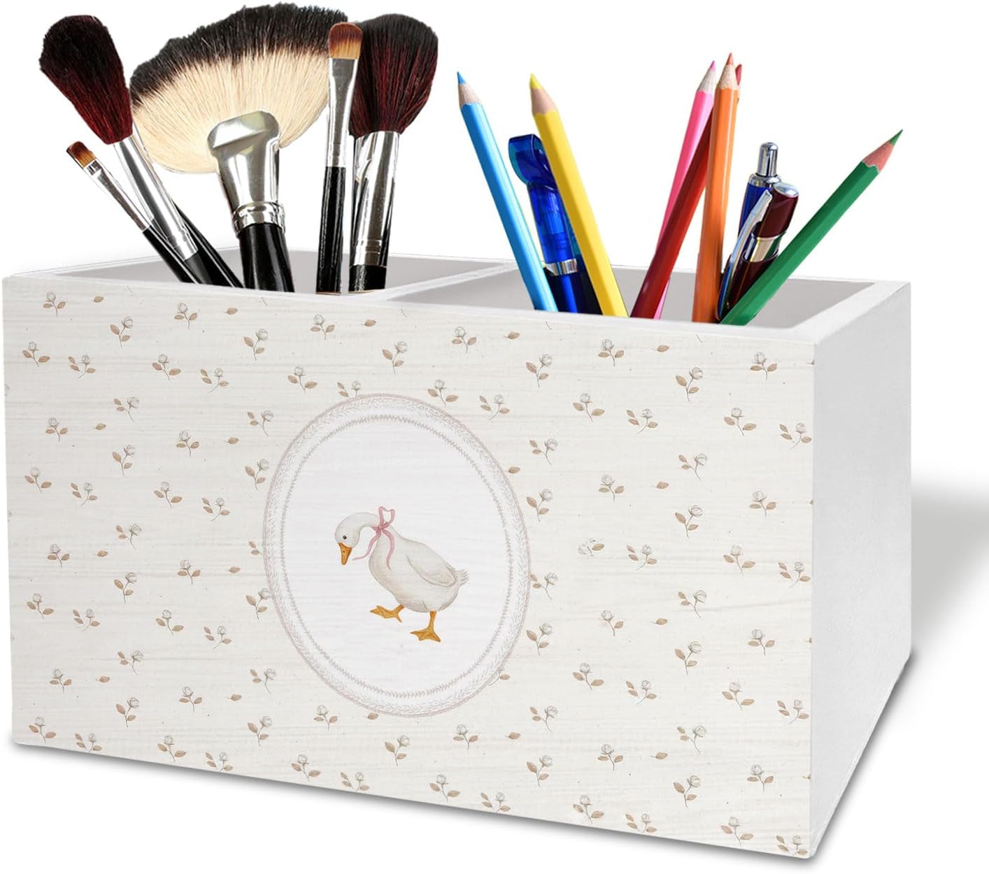 Coquette Pink Bow Goose Floral Pen Holder for Desk, Rustic Flower Goose Wooden Box Sign Desk Decor for Girls Room Nursery Decoration, Cottagecore Animal Pencil Organizer