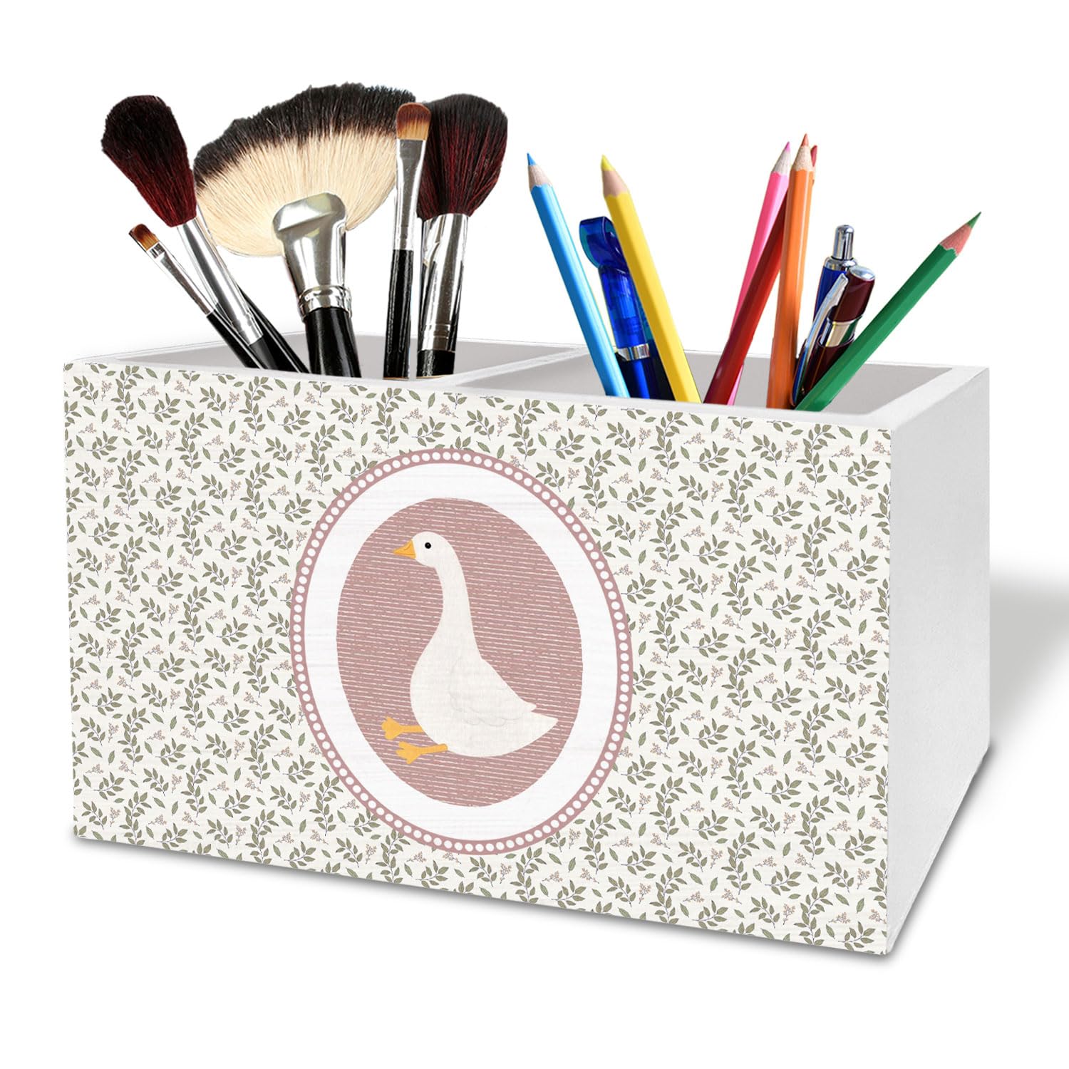 Coquette Pink Bow Goose Floral Pen Holder for Desk, Rustic Flower Goose Wooden Box Sign Desk Decor for Girls Room Nursery Decoration, Cottagecore Animal Pencil Organizer