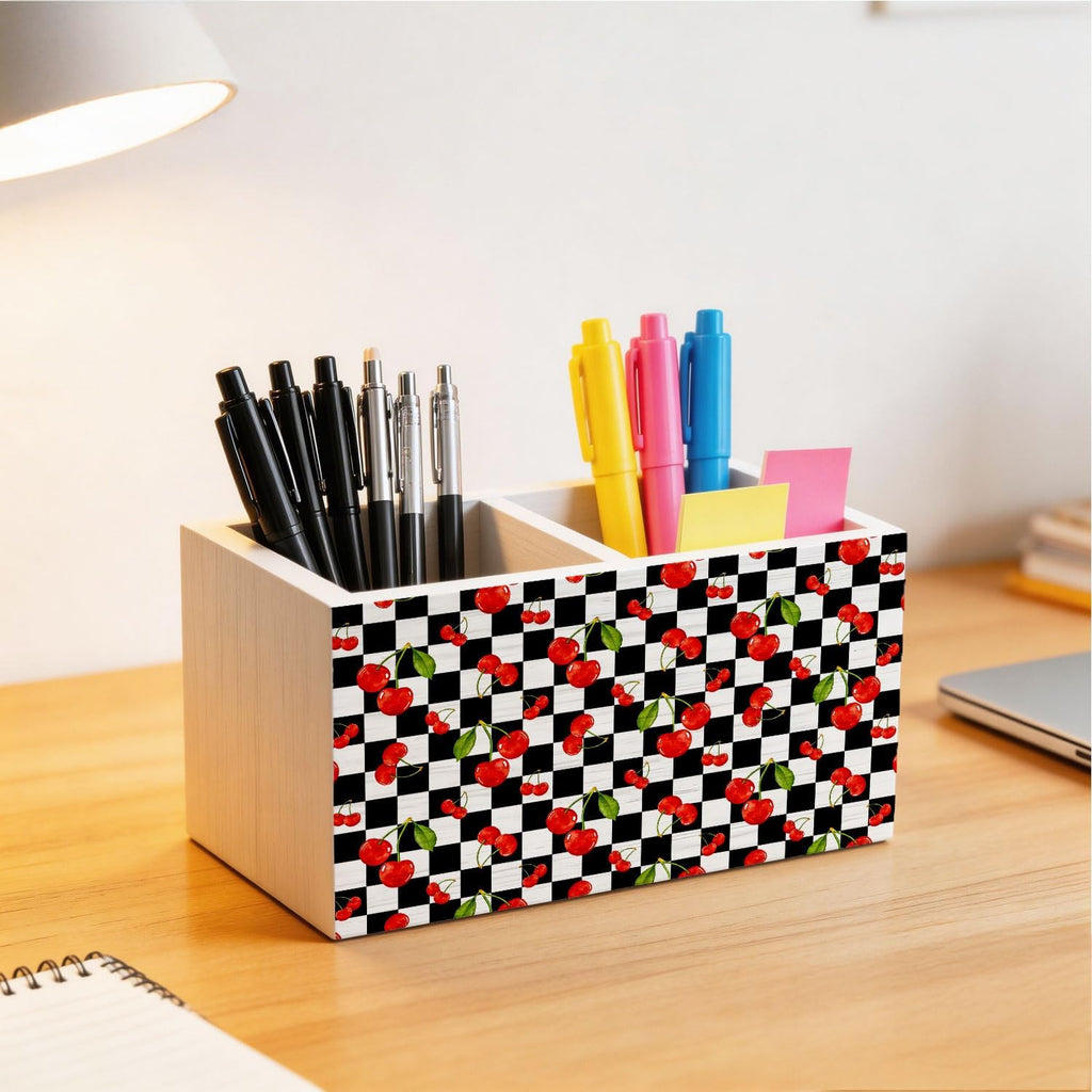 Black and White Checkered Cherry Pen Holder for Desk, Cherry Themed Gifts Wooden Box Sign Desk Decor for Home Office Decoration, Retro Plaid Summer Fruit Pencil Organizer