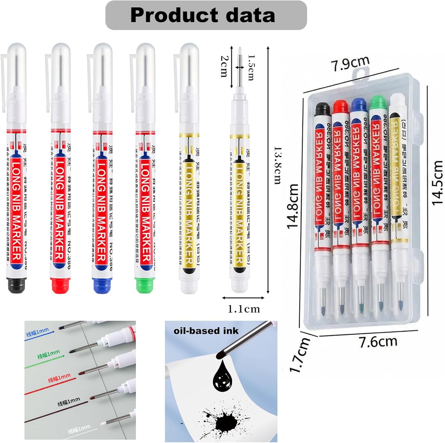 5 long head marker pens, 20mm long pen tip, deep hole marker pen, waterproof, metal marker pen, suitable for drilling, woodworking, bricklaying, ceramic tiles, glass, and construction marker pens