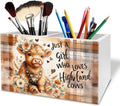Farmhouse Highland Cow Pen Holder for Desk, Just a Girl Who Loves Highland Cow Wooden Box Sign Desk Decor for Home Office Decoration, Rustic Plaid Heifer Pencil Organizer