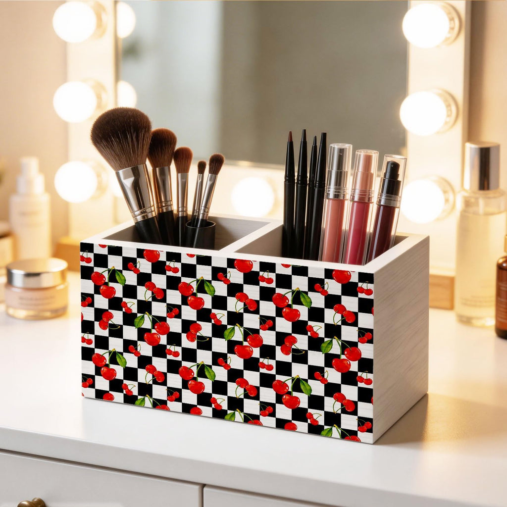 Black and White Checkered Cherry Pen Holder for Desk, Cherry Themed Gifts Wooden Box Sign Desk Decor for Home Office Decoration, Retro Plaid Summer Fruit Pencil Organizer