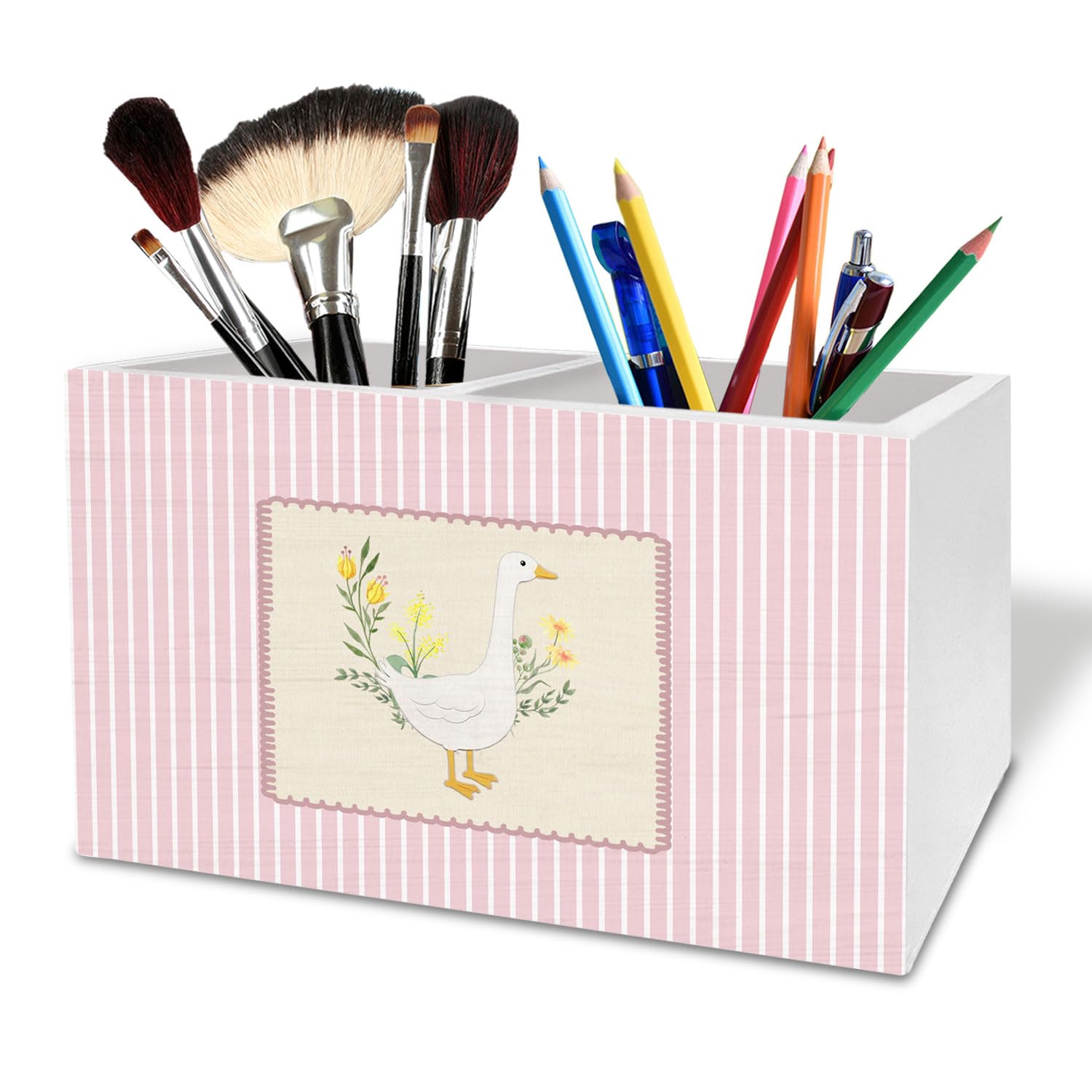 Coquette Pink Bow Goose Floral Pen Holder for Desk, Rustic Flower Goose Wooden Box Sign Desk Decor for Girls Room Nursery Decoration, Cottagecore Animal Pencil Organizer
