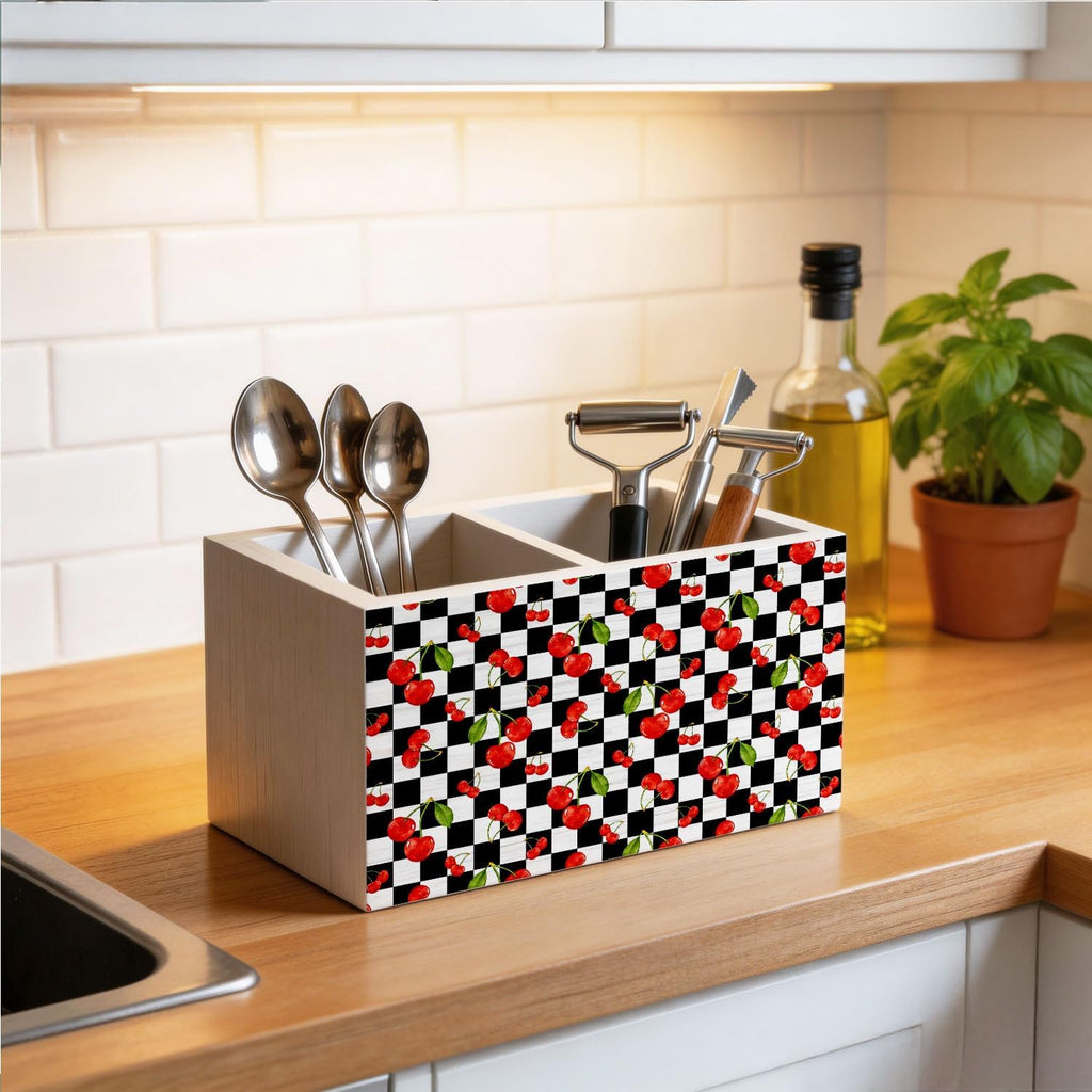Black and White Checkered Cherry Pen Holder for Desk, Cherry Themed Gifts Wooden Box Sign Desk Decor for Home Office Decoration, Retro Plaid Summer Fruit Pencil Organizer