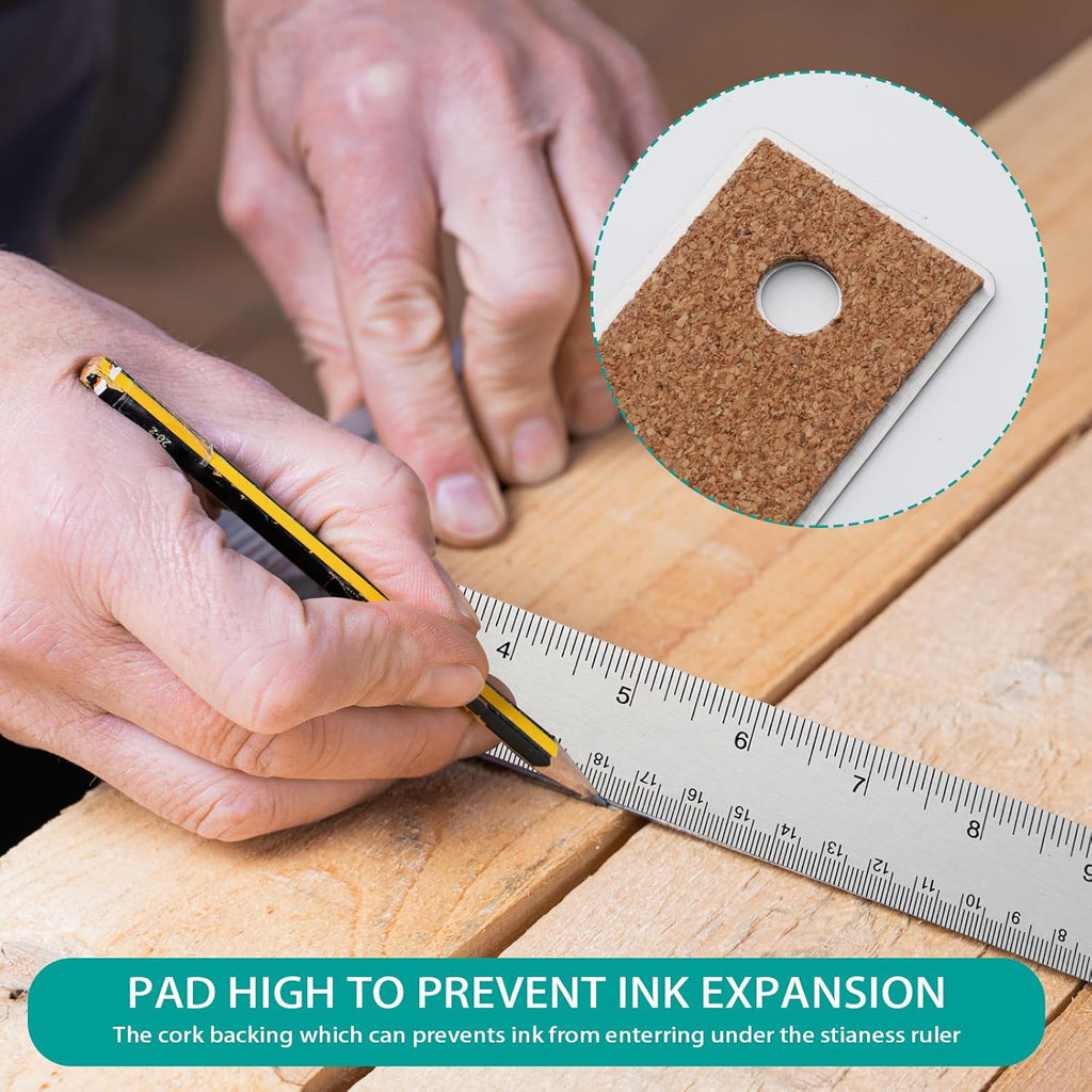 Metal Ruler 6 Inch 12 Inch Stainless Steel Ruler with Cork Backing, Non-Slip with Inch and Centimeters, Straight Edge Rulers for Student School Office Drafting Tools