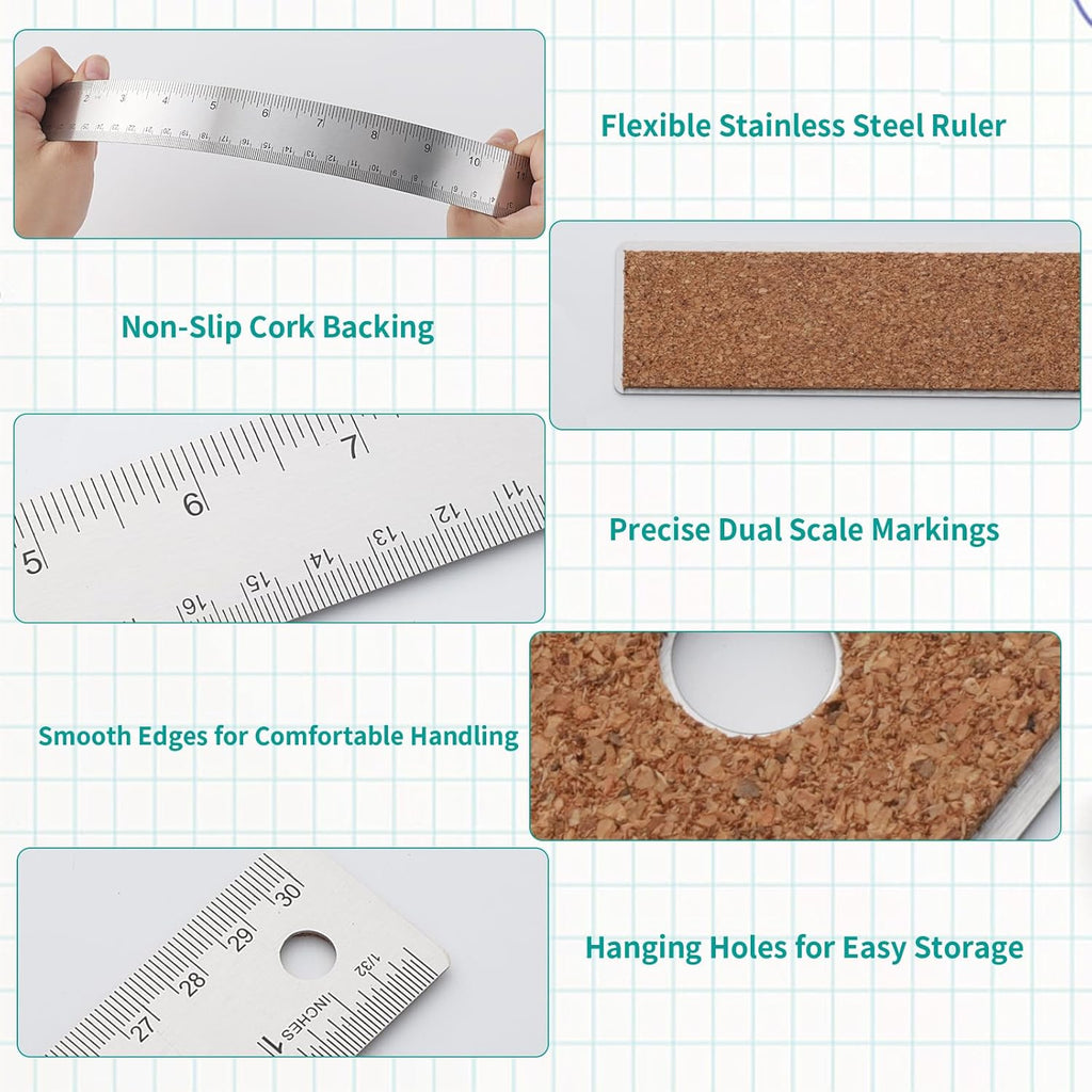 Metal Ruler 6 Inch 12 Inch Stainless Steel Ruler with Cork Backing, Non-Slip with Inch and Centimeters, Straight Edge Rulers for Student School Office Drafting Tools