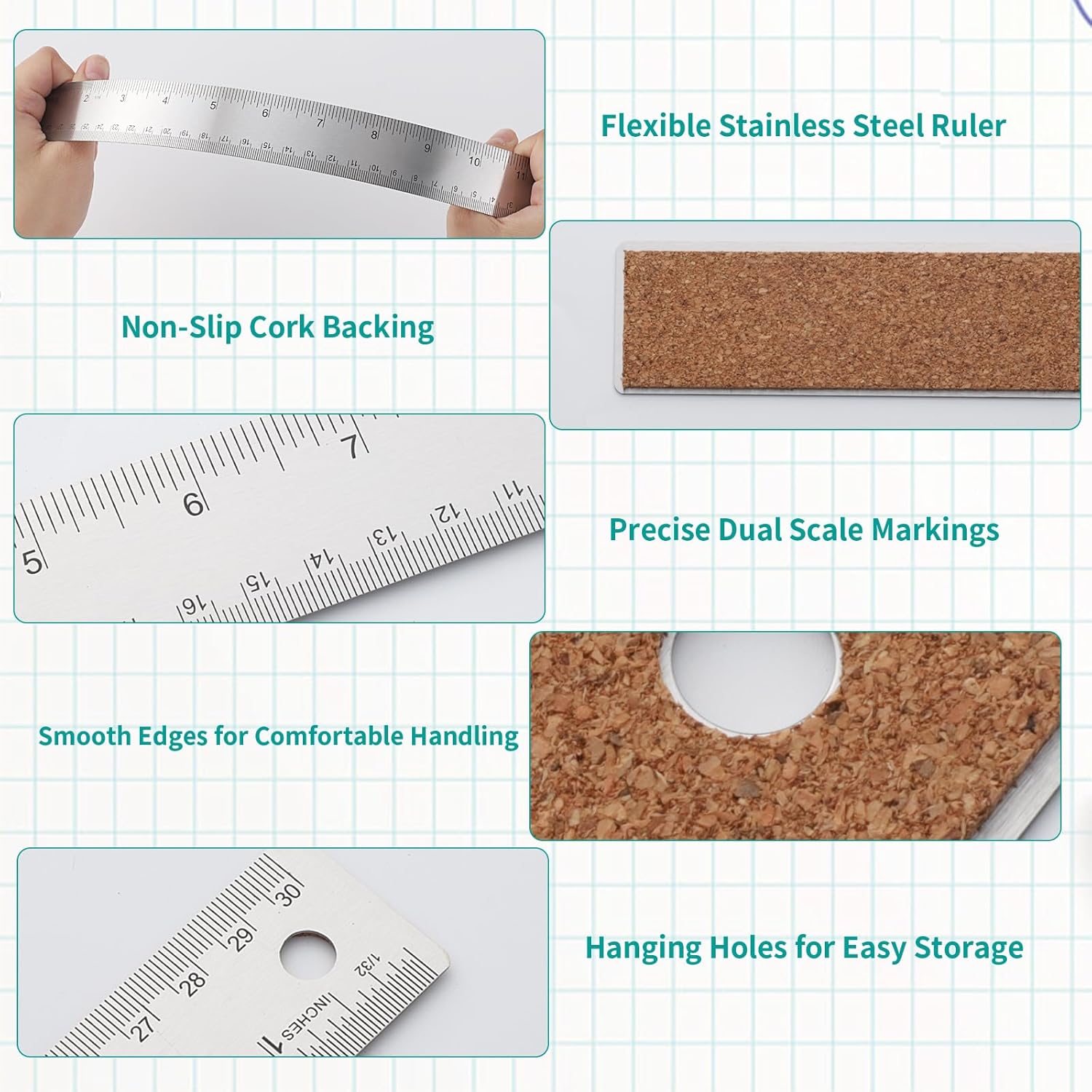Metal Ruler 6 Inch 12 Inch Stainless Steel Ruler with Cork Backing, Non-Slip with Inch and Centimeters, Straight Edge Rulers for Student School Office Drafting Tools