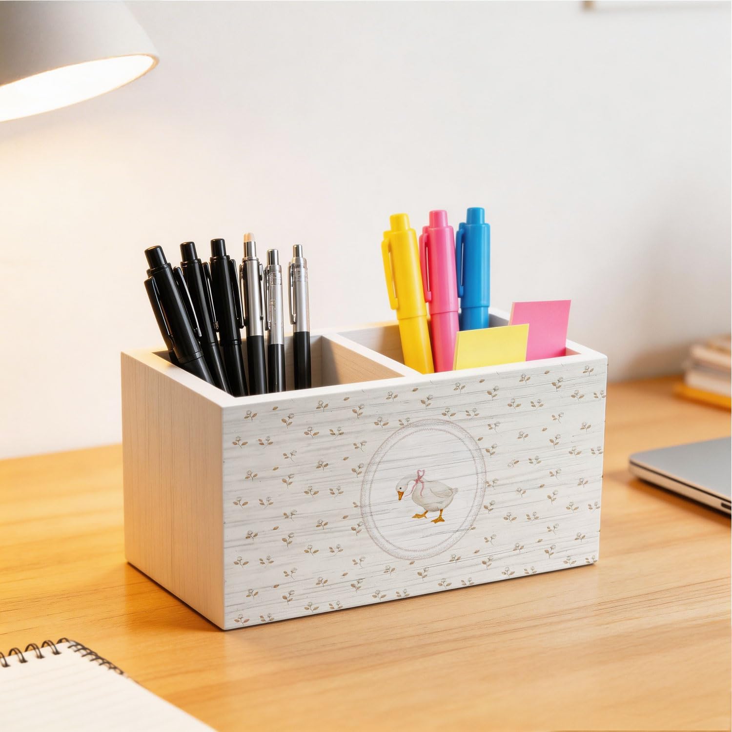 Coquette Pink Bow Goose Floral Pen Holder for Desk, Rustic Flower Goose Wooden Box Sign Desk Decor for Girls Room Nursery Decoration, Cottagecore Animal Pencil Organizer