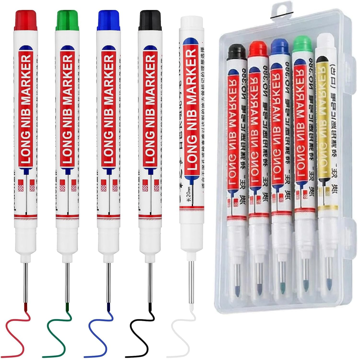 5 long head marker pens, 20mm long pen tip, deep hole marker pen, waterproof, metal marker pen, suitable for drilling, woodworking, bricklaying, ceramic tiles, glass, and construction marker pens