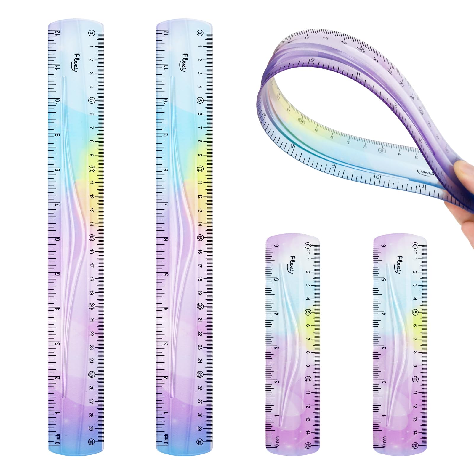 12 Inch & 6 Inch Flexible Ruler, Bendable Plastic Ruler, Soft Bendable Gradient Color Rulers with Centimeters and Inches for Student School Classroom Office Supplies (4 PCS)