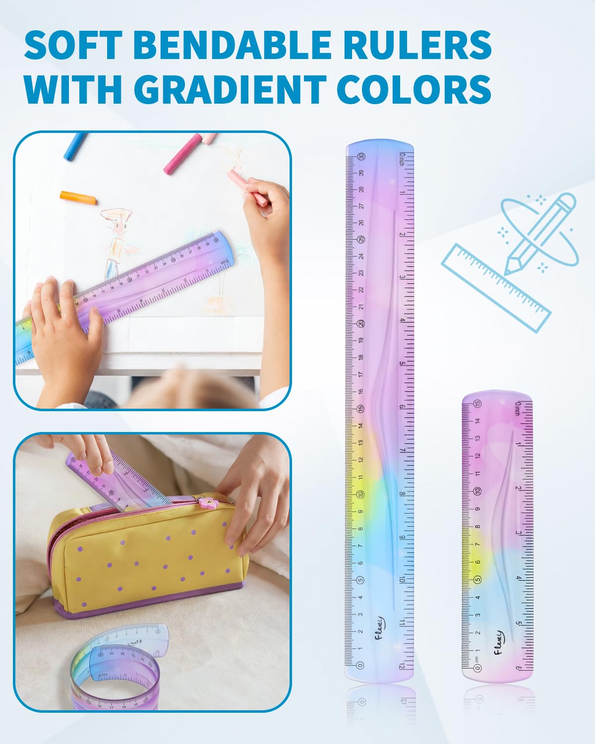 4 Pack Flexible Ruler Set, 12 Inch & 6 Inch Bendable Rulers for Kids, Soft Plastic Rulers with Dual-Sided cm/inch Scale, Gradient Color Flex Ruler for School, Home, Office
