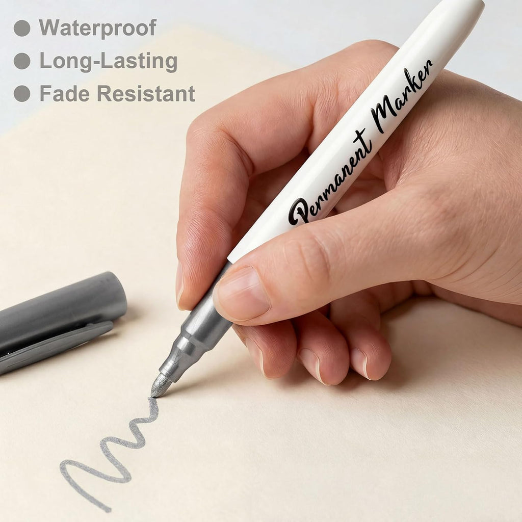 12 Pcs Metallic Permanent Markers, Silver Paint Pen Oil Based Metallic Markers Fine Point Silver Paint Pens for Black Paper Scrapbook Album Gift Card Diy Art Craft Metal Plastic Glass Ceramics