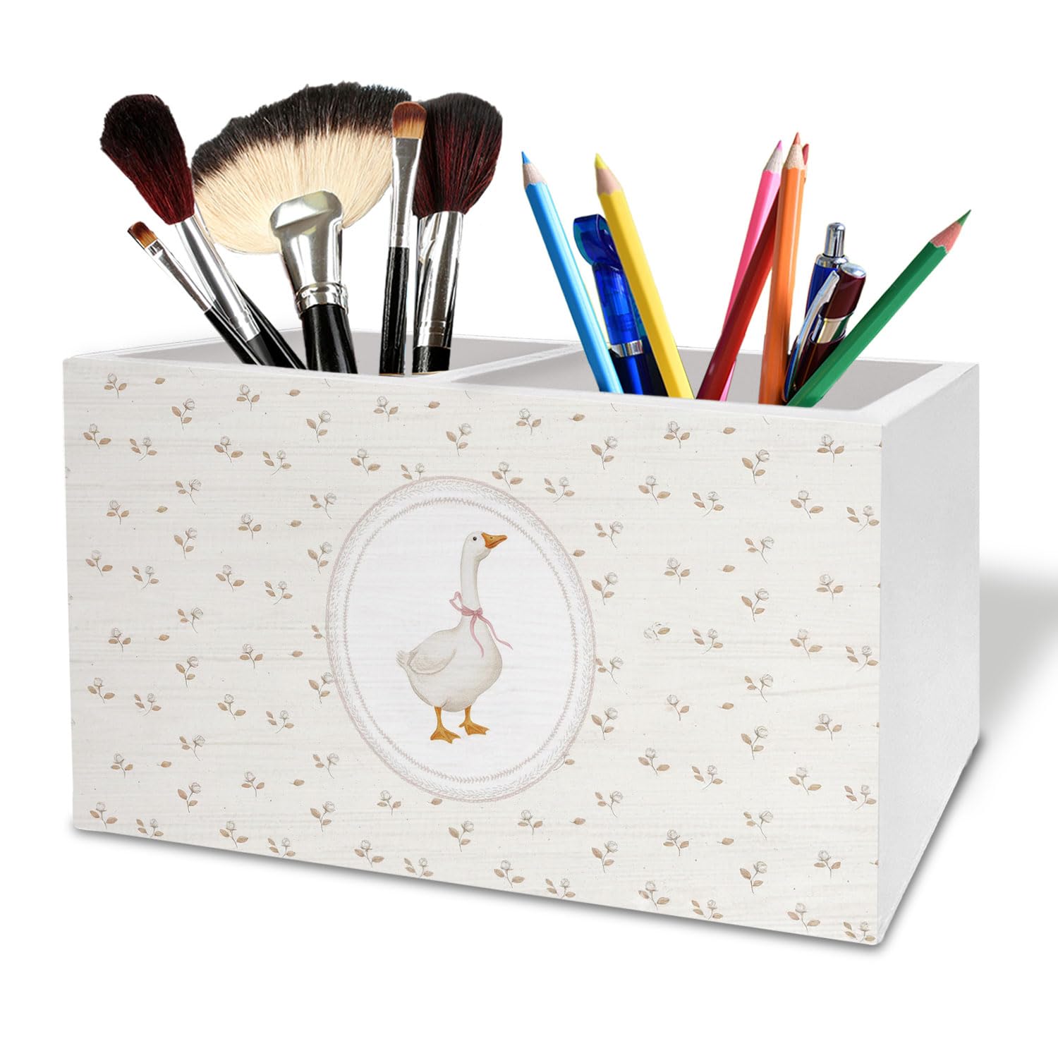 Coquette Pink Bow Goose Floral Pen Holder for Desk, Rustic Flower Goose Wooden Box Sign Desk Decor for Girls Room Nursery Decoration, Cottagecore Animal Pencil Organizer
