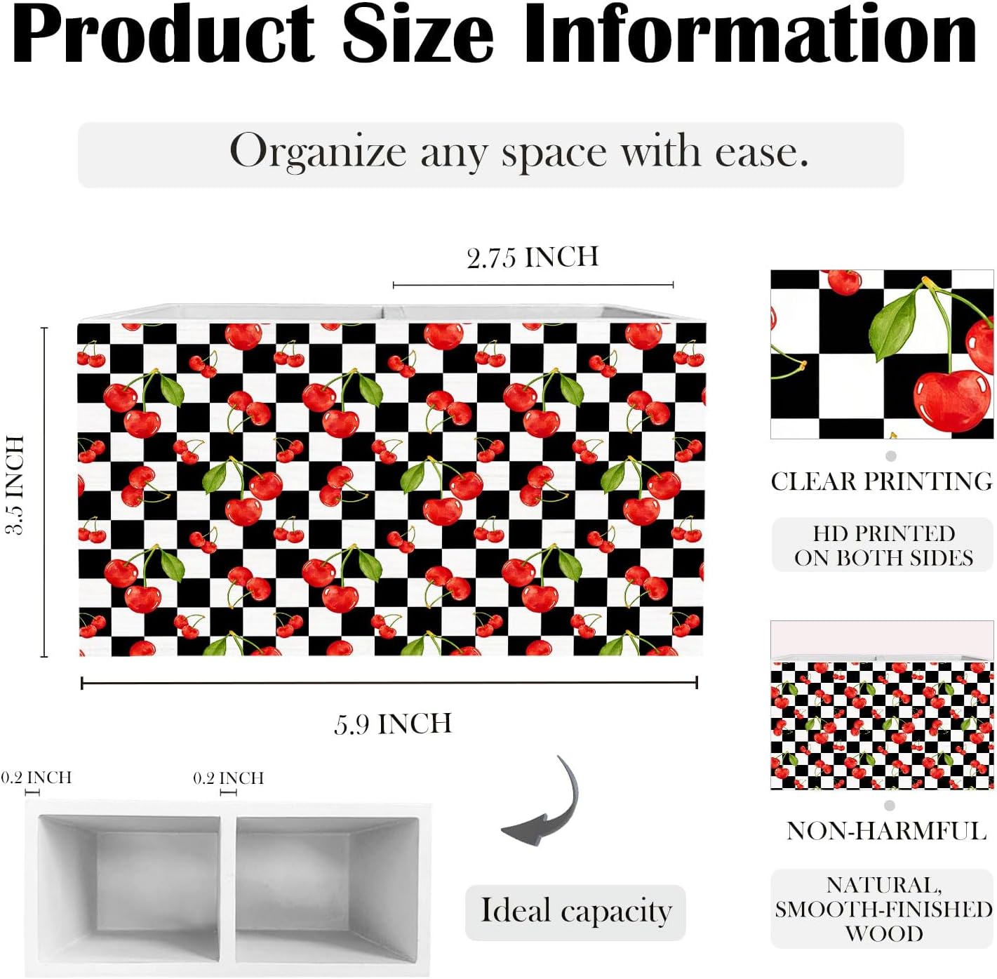 Black and White Checkered Cherry Pen Holder for Desk, Cherry Themed Gifts Wooden Box Sign Desk Decor for Home Office Decoration, Retro Plaid Summer Fruit Pencil Organizer