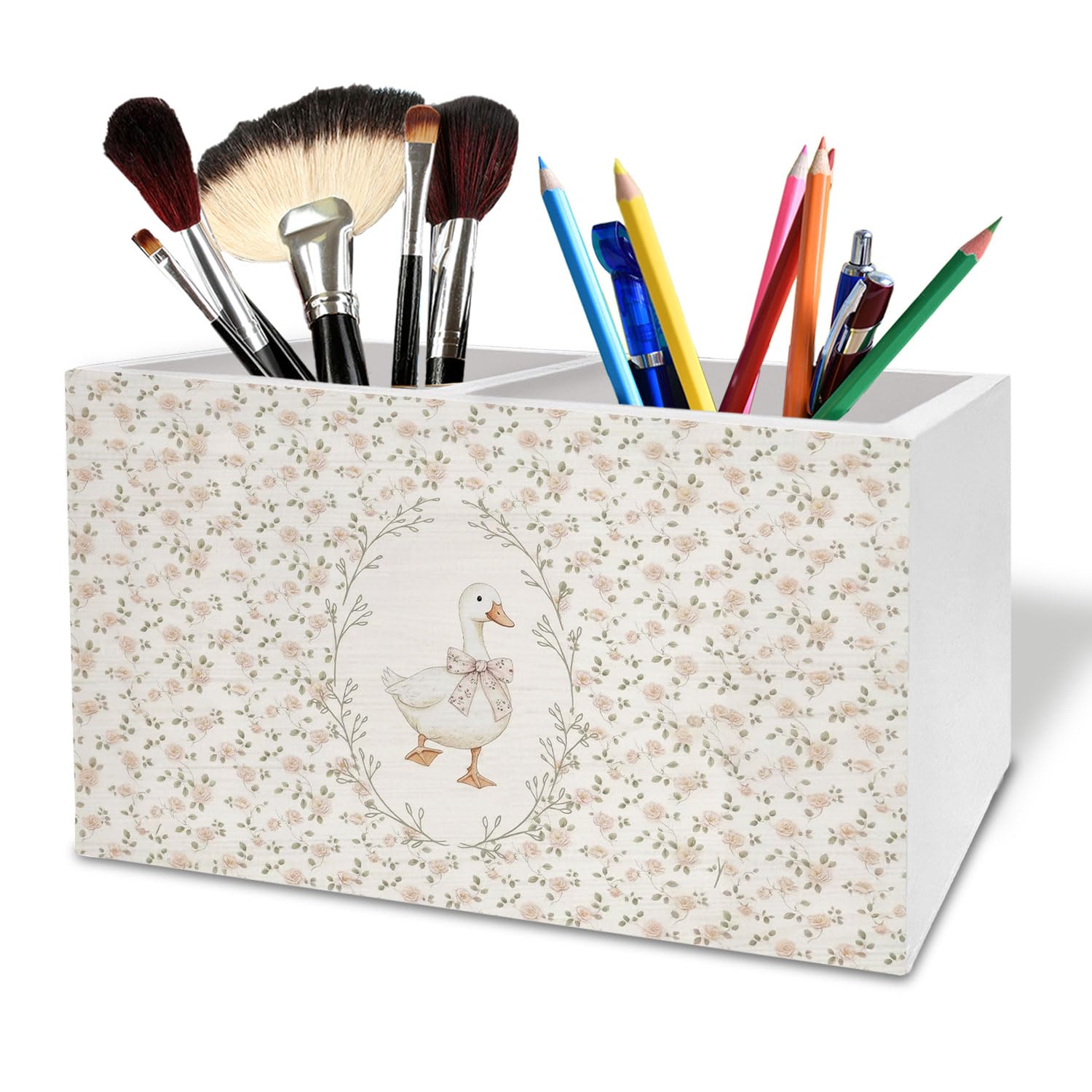 Coquette Pink Bow Goose Floral Pen Holder for Desk, Rustic Flower Goose Wooden Box Sign Desk Decor for Girls Room Nursery Decoration, Cottagecore Animal Pencil Organizer