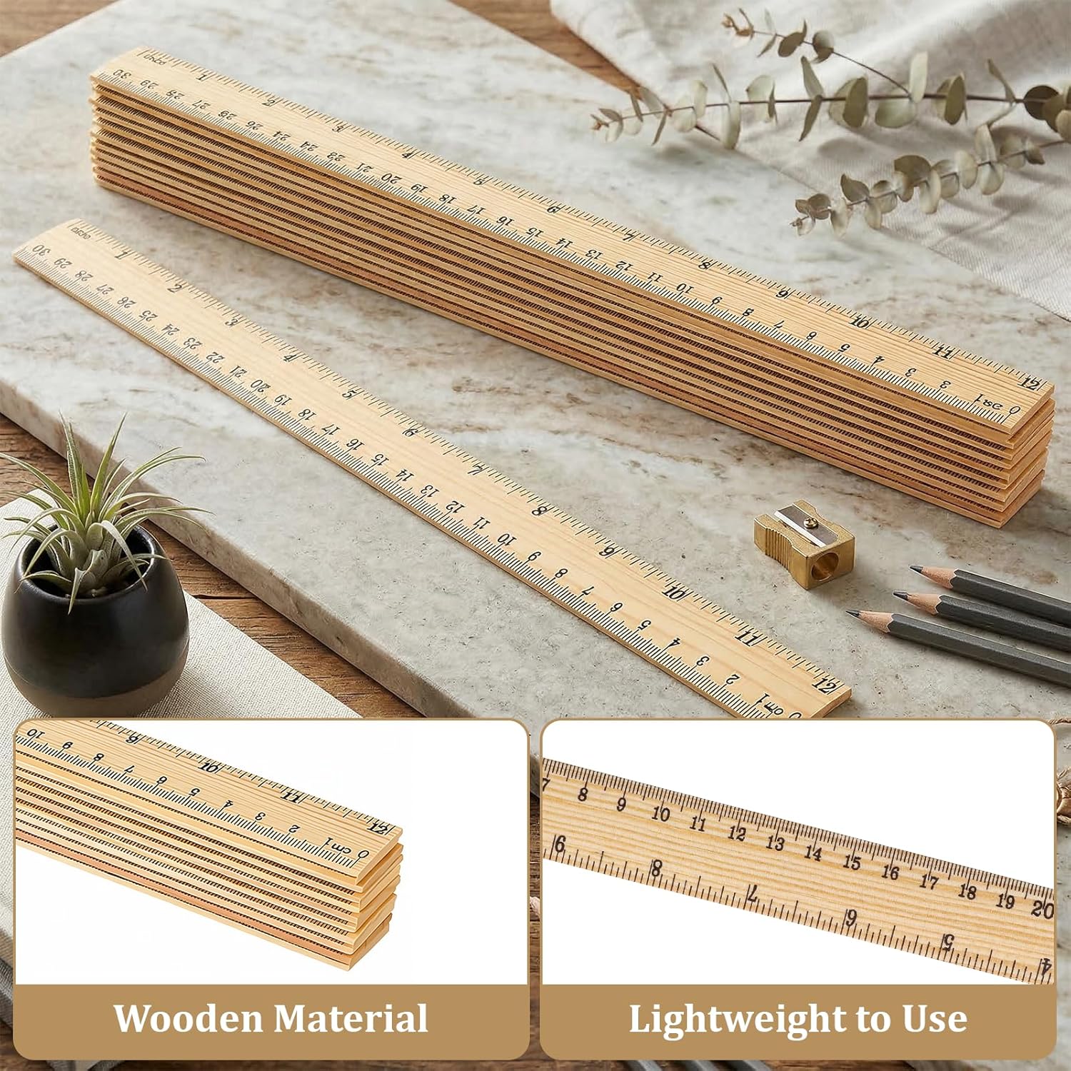 12 PCS Wooden Ruler, 12 Inch Rulers Bulk Wood Mearsuring Ruler 2 Scale Wood Rulers with Cnetimeter and Inches for Office School Home DIY Crafts Projects Supplies
