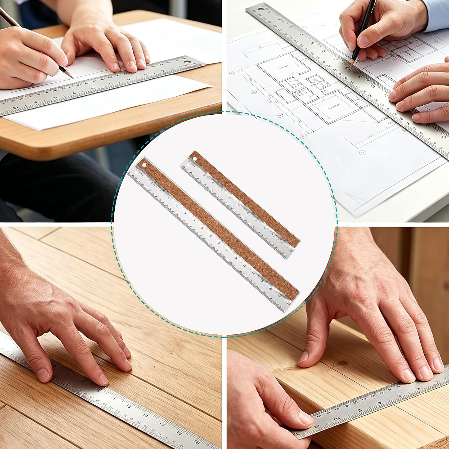 Metal Ruler 6 Inch 12 Inch Stainless Steel Ruler with Cork Backing, Non-Slip with Inch and Centimeters, Straight Edge Rulers for Student School Office Drafting Tools