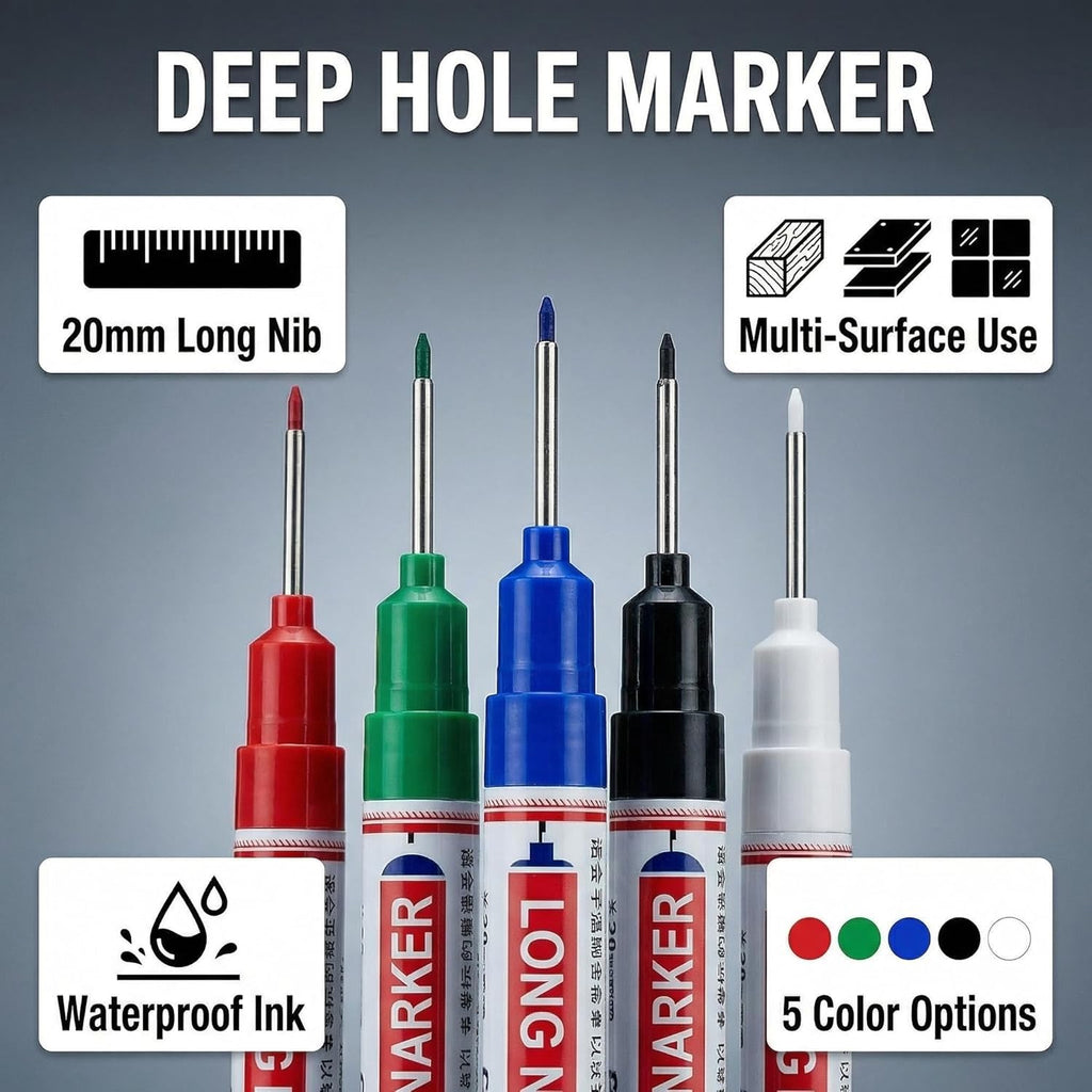 5 long head marker pens, 20mm long pen tip, deep hole marker pen, waterproof, metal marker pen, suitable for drilling, woodworking, bricklaying, ceramic tiles, glass, and construction marker pens