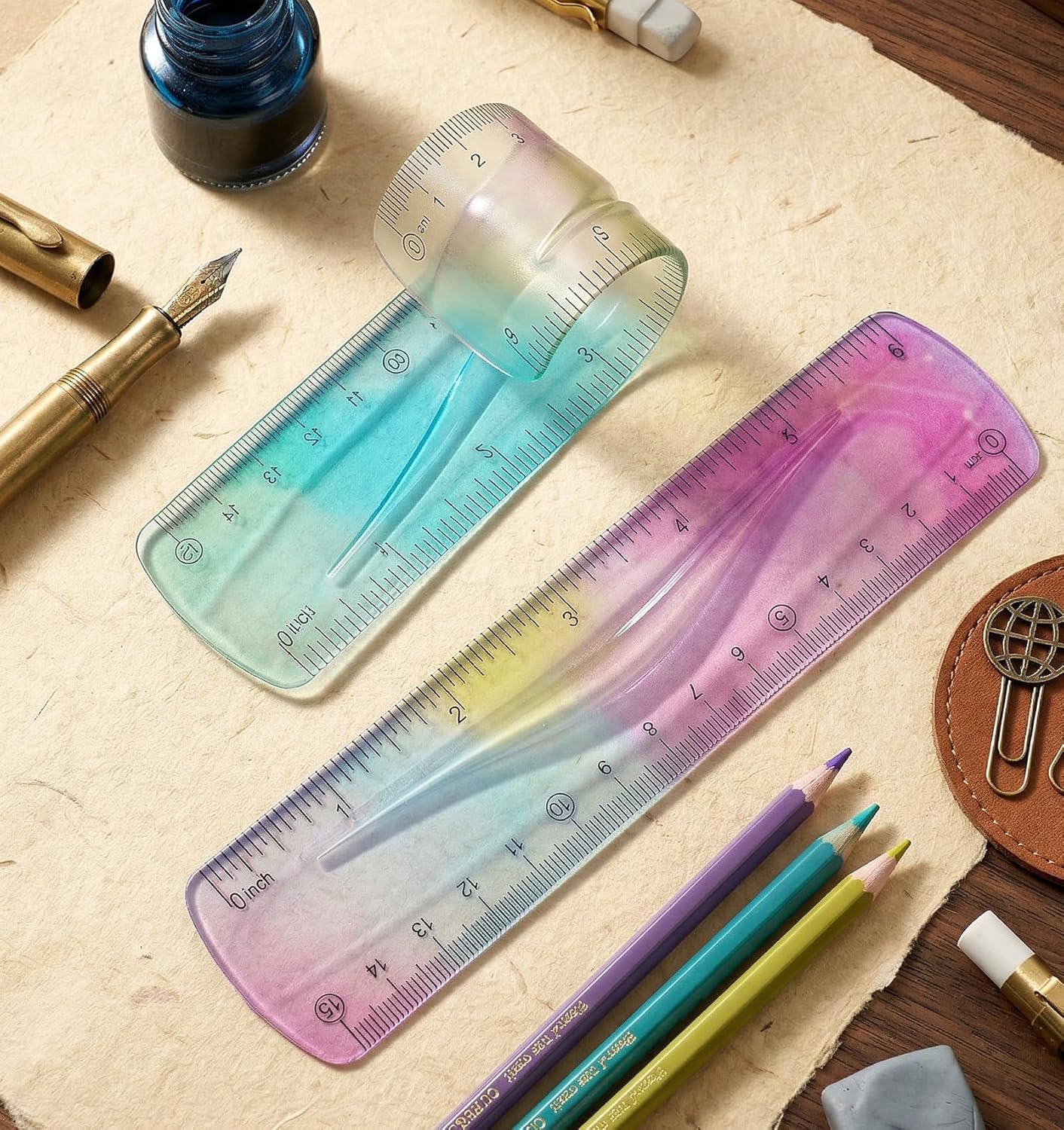 2 Pack Bendable Rulers,6-inch Plastic Flexible Small Ruler Coloured Bendable Flexi Ruler with Inches and Centimetres