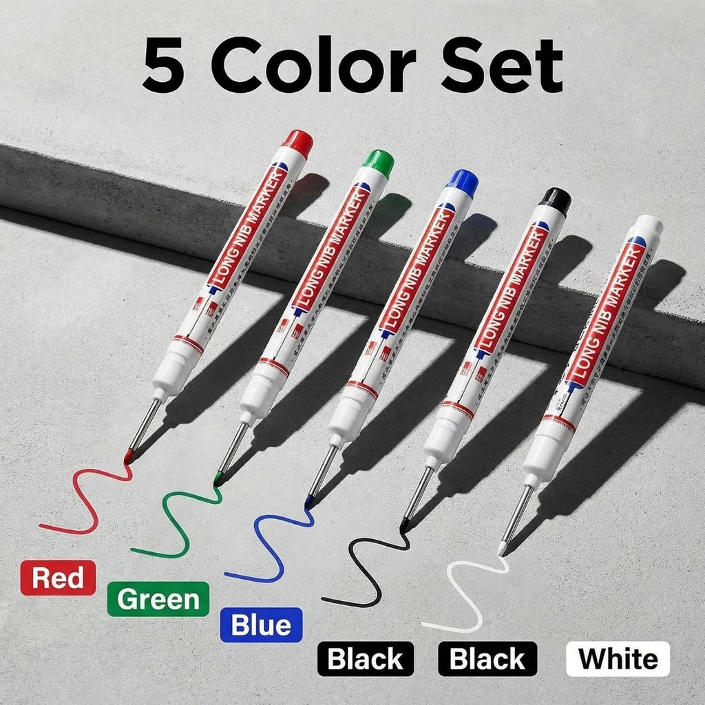 5 long head marker pens, 20mm long pen tip, deep hole marker pen, waterproof, metal marker pen, suitable for drilling, woodworking, bricklaying, ceramic tiles, glass, and construction marker pens