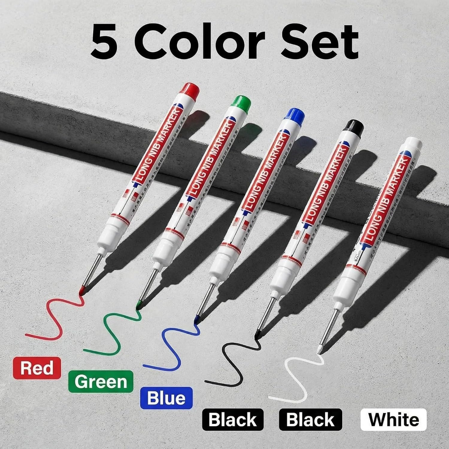 5 long head marker pens, 20mm long pen tip, deep hole marker pen, waterproof, metal marker pen, suitable for drilling, woodworking, bricklaying, ceramic tiles, glass, and construction marker pens